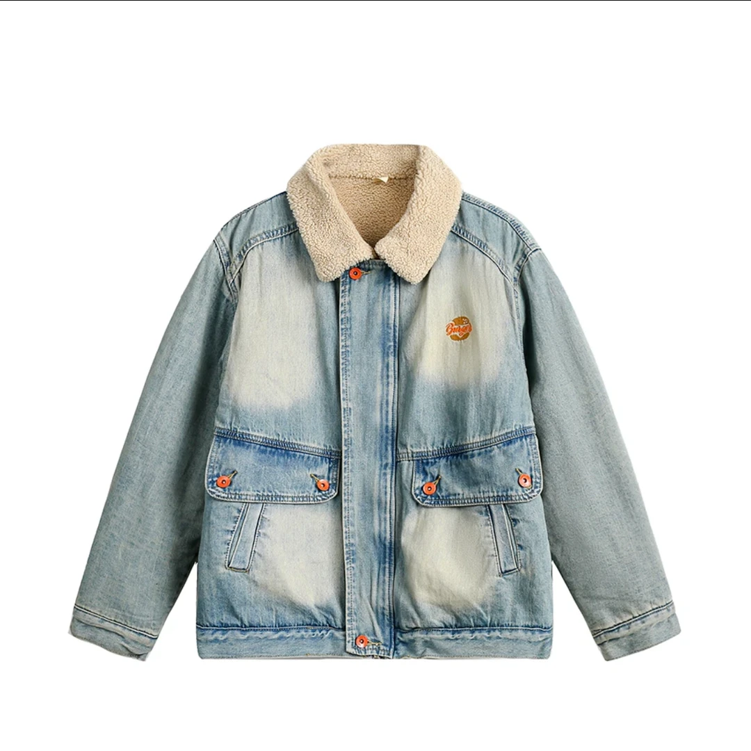 15245冬季美式复古撞色水洗做旧外套牛仔棉服