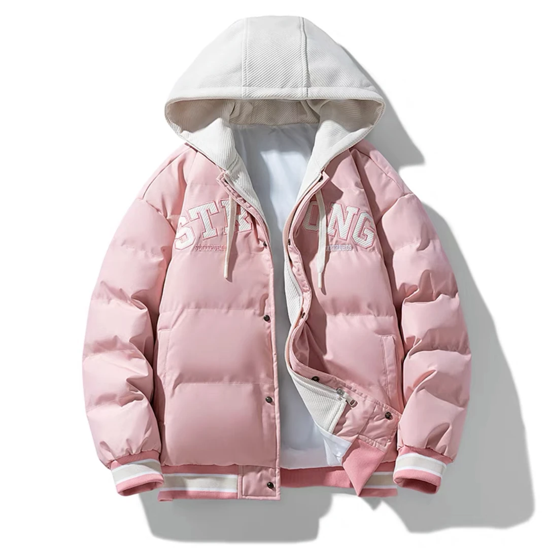 美式潮牌假两件连帽棉袄男女秋冬季新款保暖棉衣