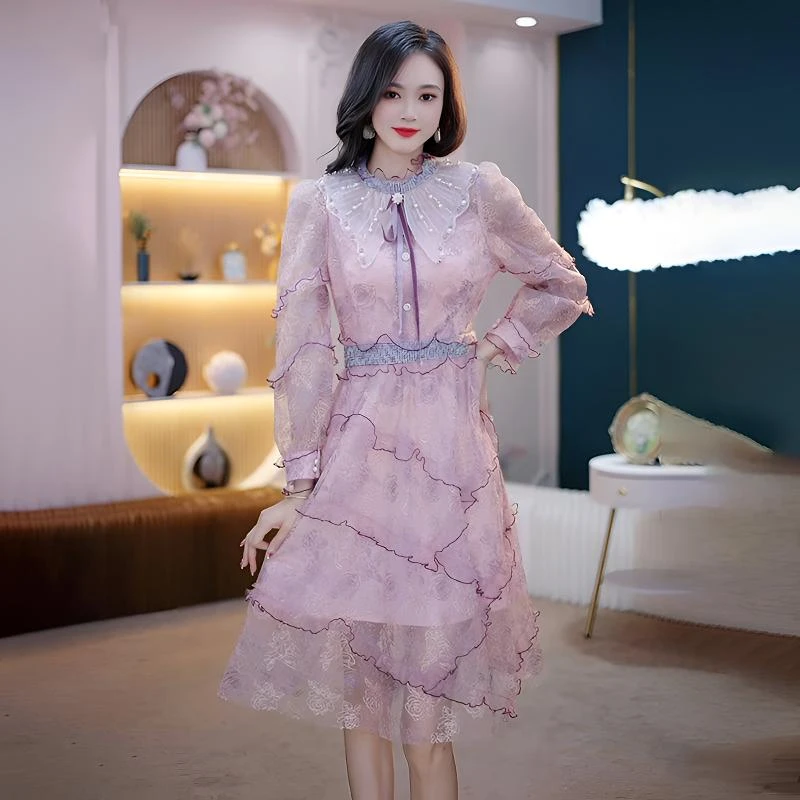 秋季新款网纱拼接A字公主裙时尚气质遮胯显瘦连衣裙5271