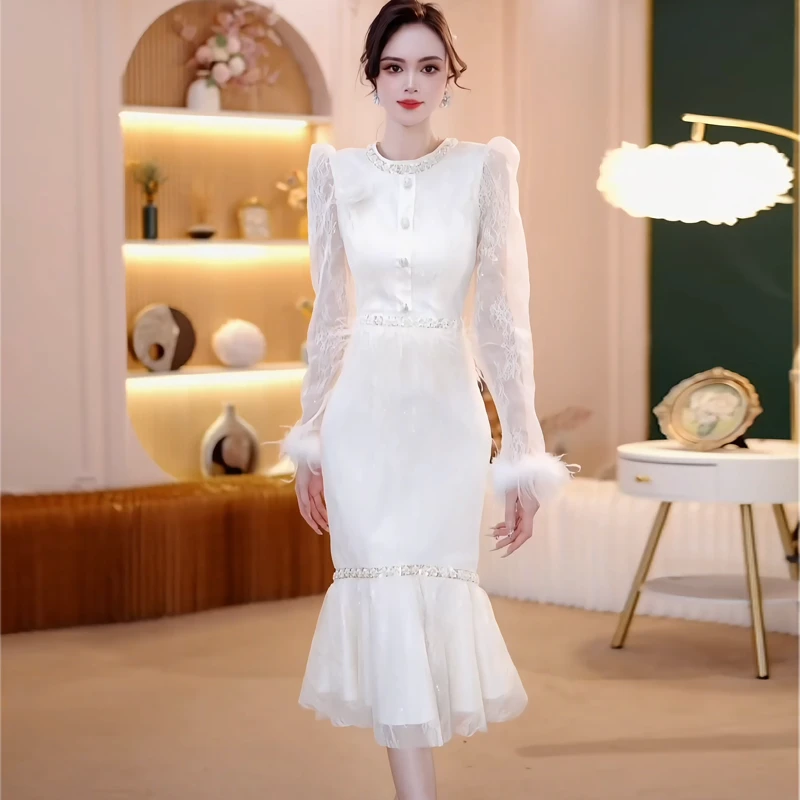 2025秋冬新款气质中长款轻奢时尚包臀裙蕾丝睫毛花边连衣裙1760