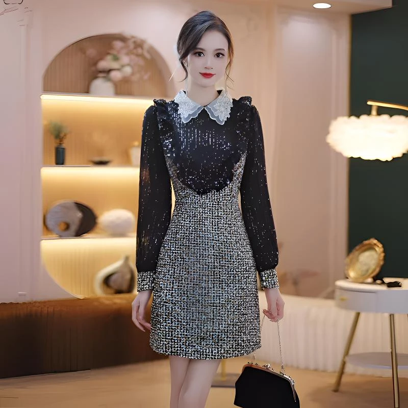 2024秋季新款长袖打底裙亮片气质拼接轻奢名媛小香风连衣裙1420
