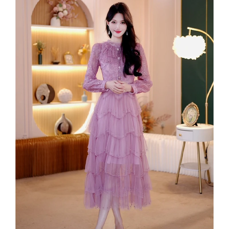 2025秋季新款气质显瘦轻奢时尚收腰设计感长袖网纱紫色连衣裙2001