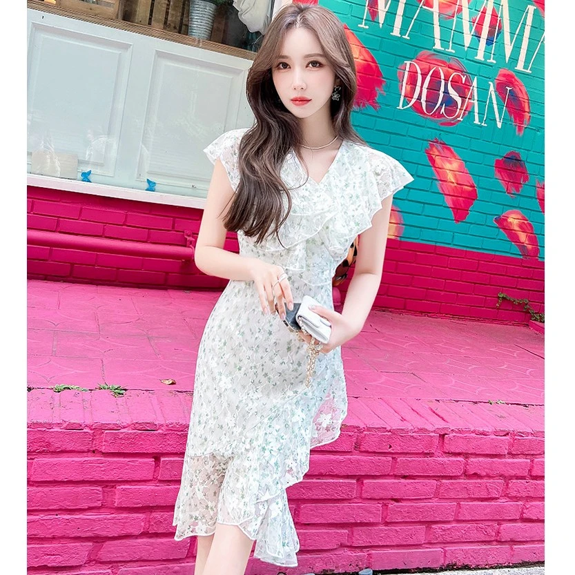 裙子女夏季2025新款精致气质名媛修身包臀碎花荷叶边连衣裙5676