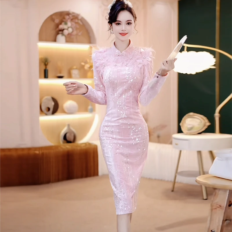 秋冬新款气质女人味包臀打底裙时尚亮片绣花减龄丝绒连衣裙1771