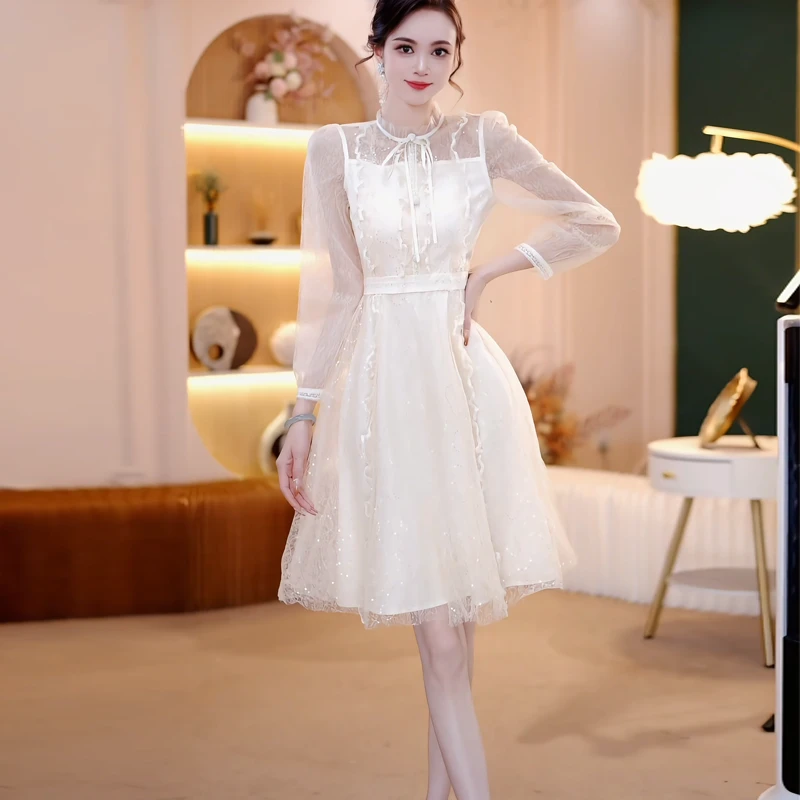 秋季新款女装长袖网纱亮片仙气减龄显瘦高级感轻奢礼服连衣裙1450