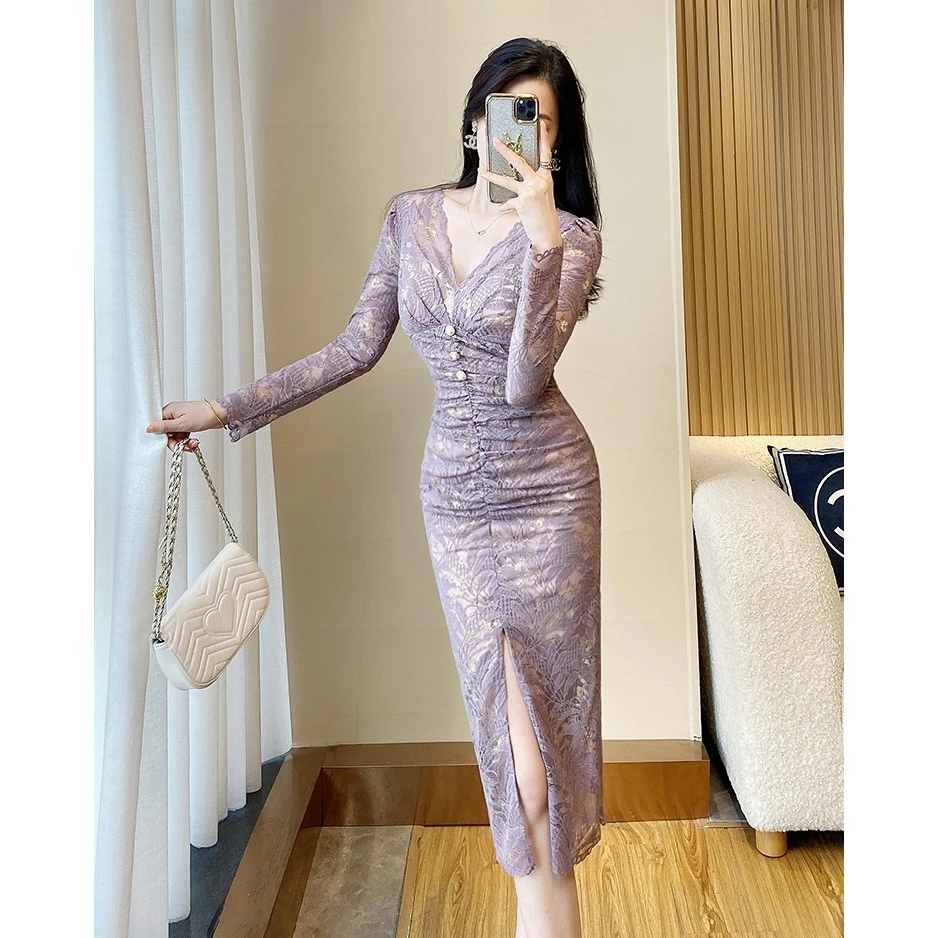 秋冬新款女装修身长袖优雅显瘦收腰气质紫色蕾丝法式连衣裙1331