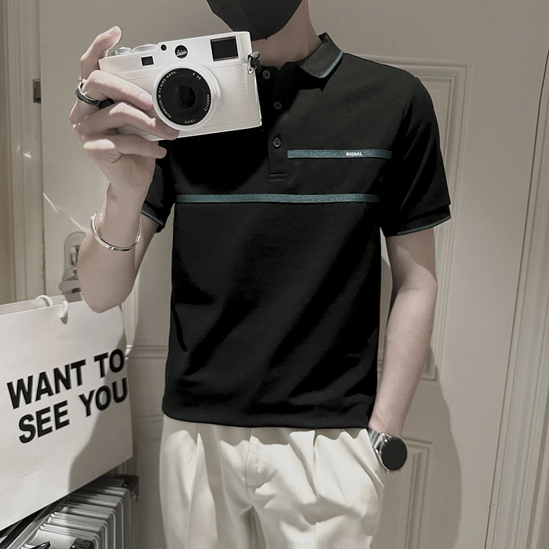 新款夏季高档男士polo衫ins翻领韩版修身撞色印花商务休闲POLO衫