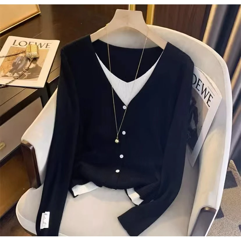 拼接假两件V领衬衫 f285