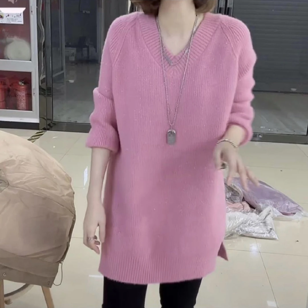 新款网红女士百搭显瘦气质慵懒套头针织毛衣秋冬中长款时尚宽松