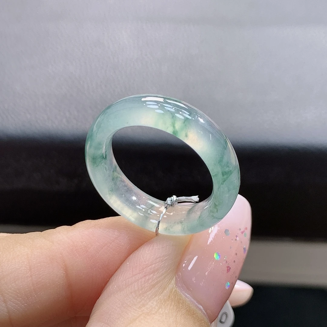14号 冰种冰飘绿花色冰透细润翡翠戒圈 内径17-6.0-3.6