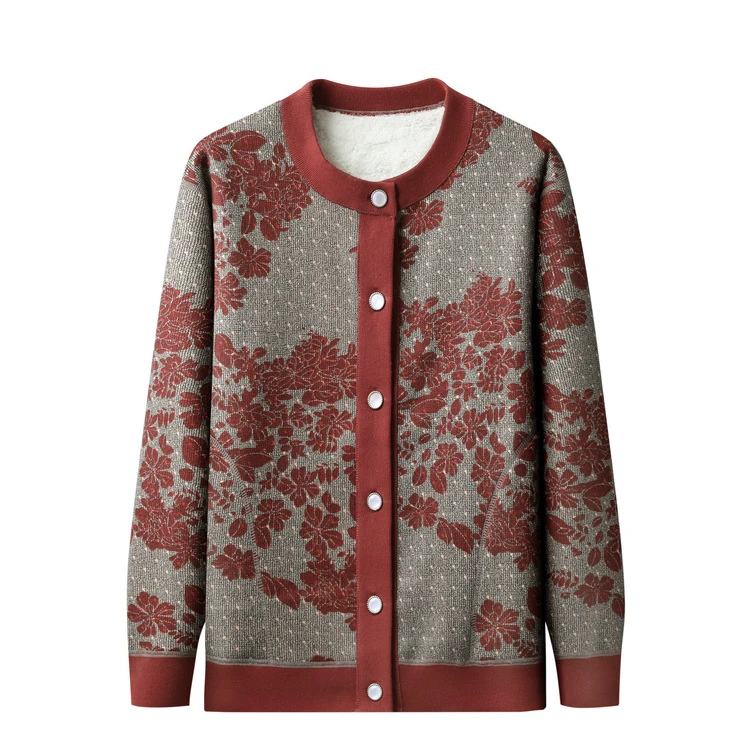 中老年秋季新款加绒针织衫外套女奶奶加厚上衣60岁70圆领开衫毛衣