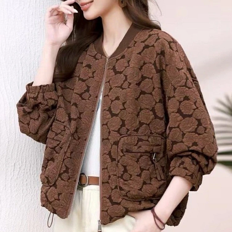 中年妈妈早秋短外套女2024秋装新款时尚棒球服中老年夹克提花上衣