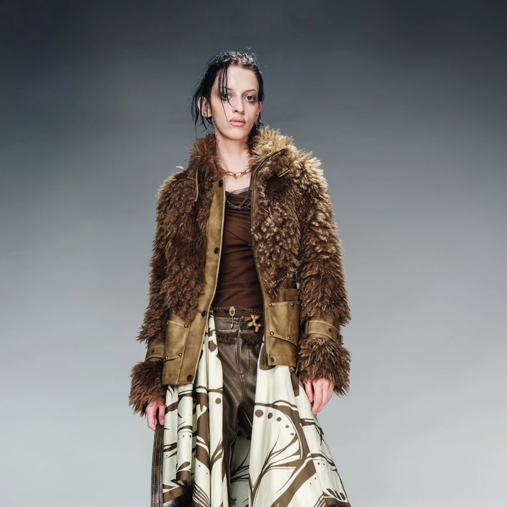 NN-NORTH NODE 拼皮毛毛加厚短外套（内里水晶绒）