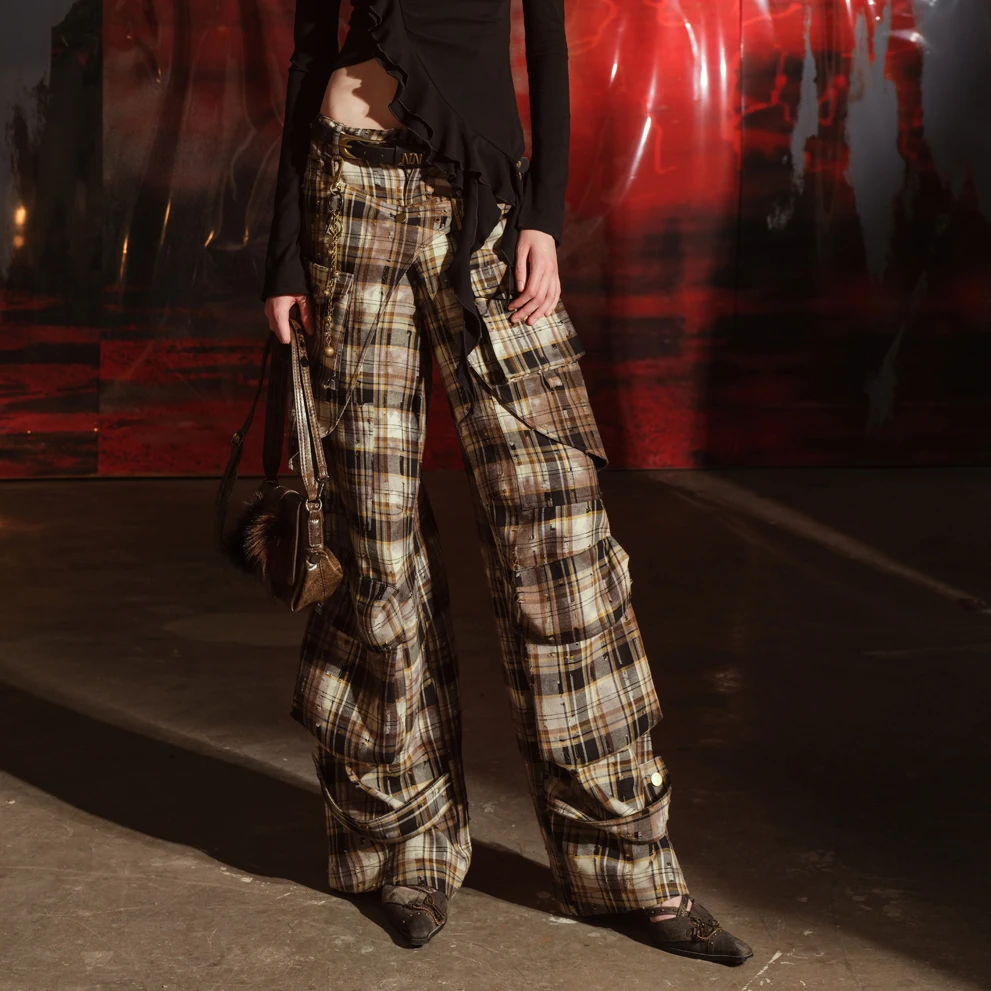 NN-NORTH NODE 假两件划破感工装格子裙裤阔腿裤