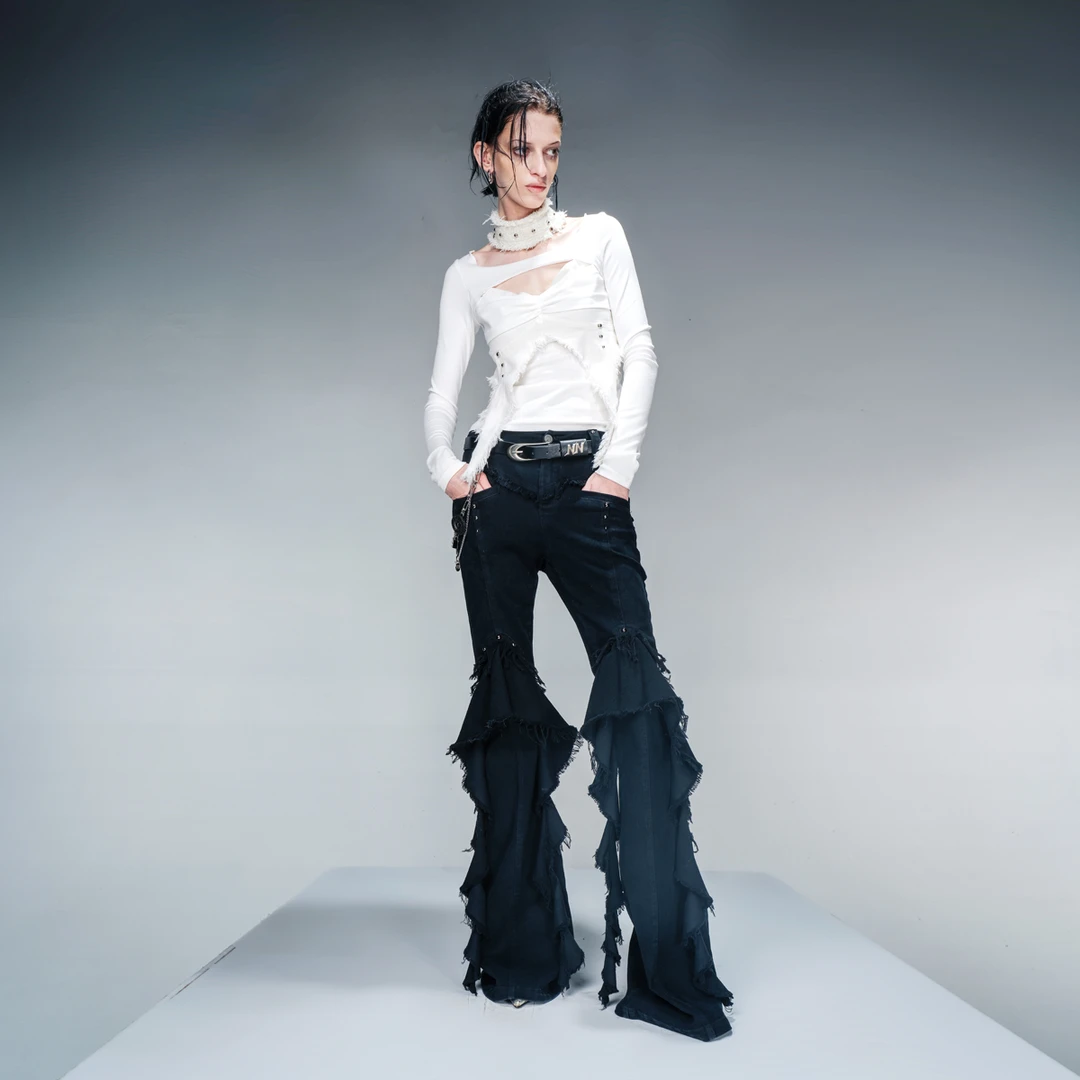 NN-NORTH NODE “成蝶的佐证” 针织拼咔叽布毛边打底衫上衣