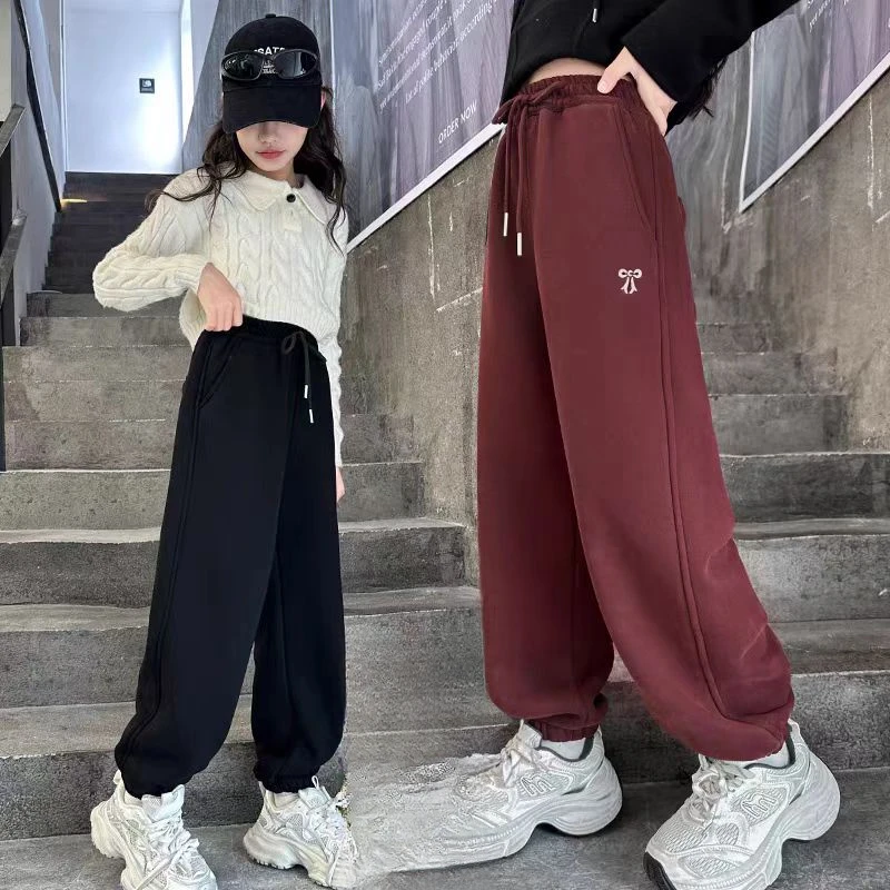 HZ【加绒加厚】新款女中大童蝴蝶结卫裤2024冬季加厚休闲卫裤