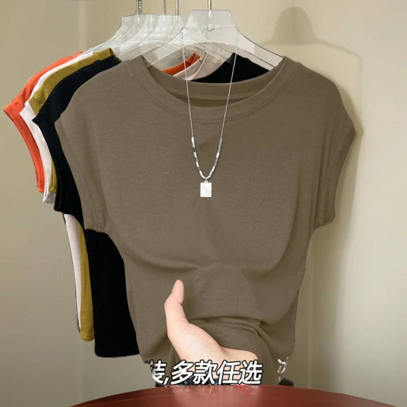 小飞袖短袖t恤女设计感小众纯色时尚高端坎肩2025夏装欧货上衣潮