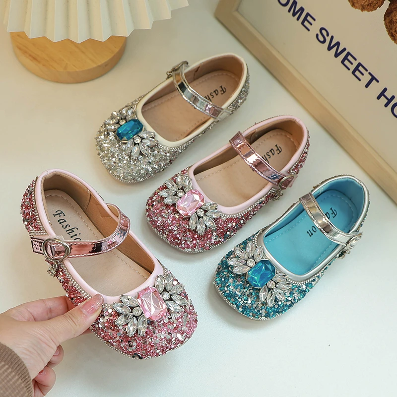 女童轻奢爱莎公主鞋女孩韩版水钻皮鞋2023秋季新款表演水晶鞋1029