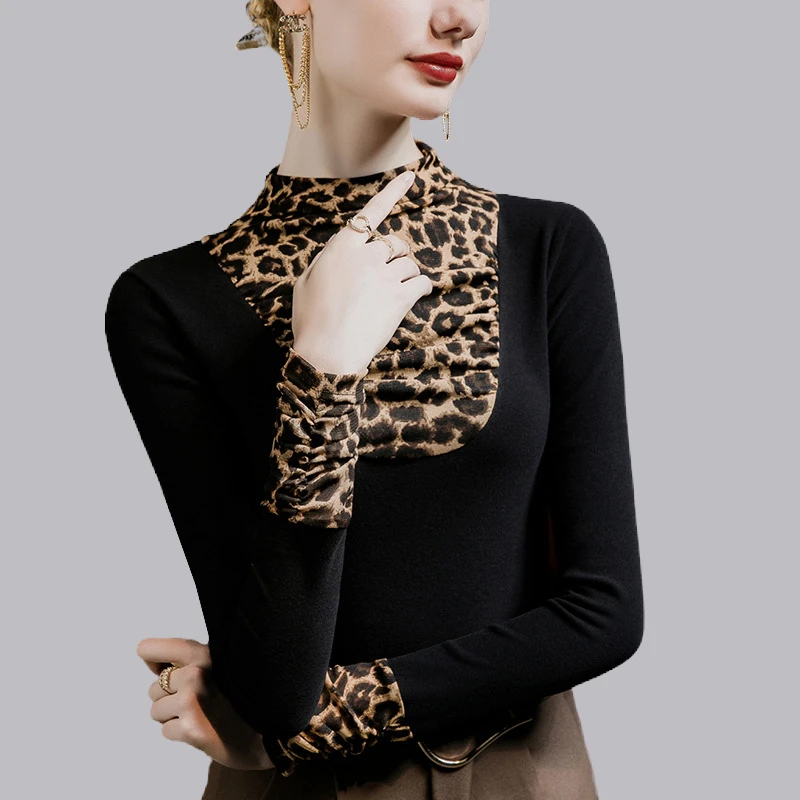 广场舞豹纹拼接半高领打底衫女修身拉丁舞摩登舞舞蹈衣