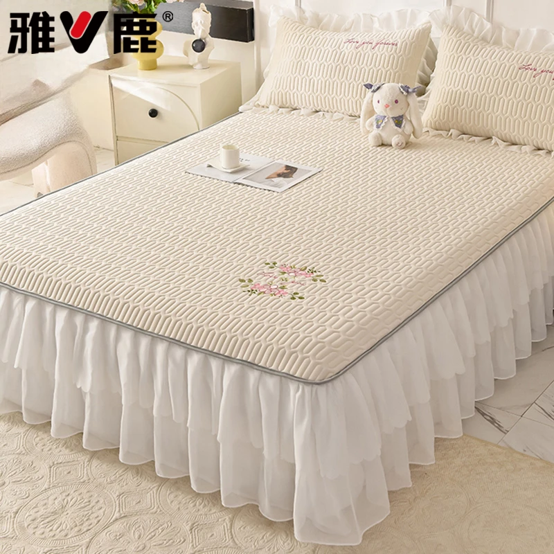 V/雅鹿凉感丝乳胶刺绣床裙学生宿舍单人夏季床套罩凉垫防滑床罩
