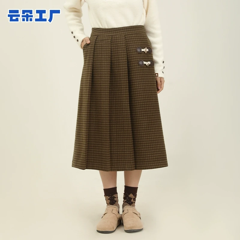 【样品】云朵工厂小雪人格子百褶半裙棕色复古学院风A型秋冬季休闲
