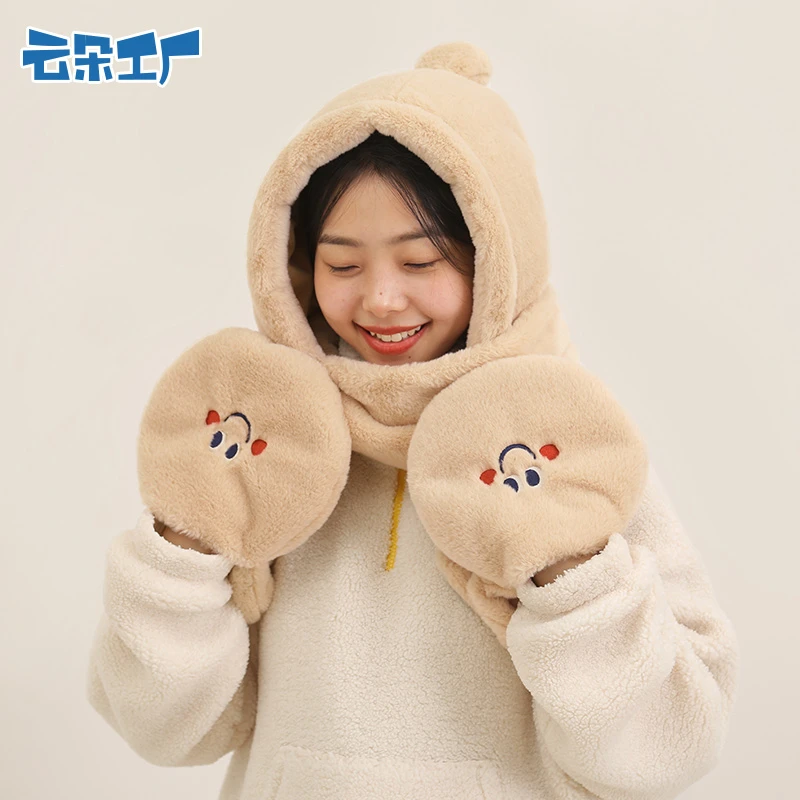 【样品】云朵工厂种子毛绒围巾一体帽柔软细腻防风保暖表情绣花秋冬