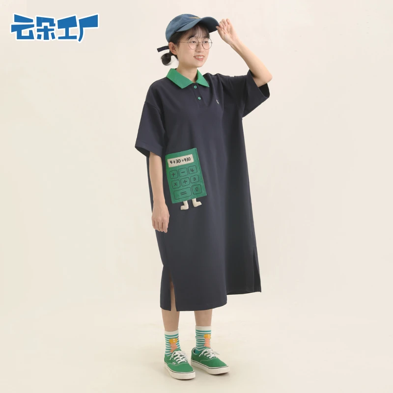 不打小孩计算器口袋polo领连衣裙春夏连衣裙时尚休闲夏季