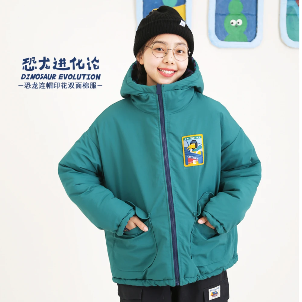 【样品】恐龙连帽印花双面棉服高领加厚棉袄短外套双面可穿宽松冬