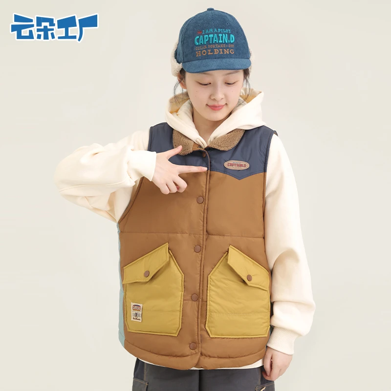 云朵工厂飞行员翻领棉马甲女棉马甲撞色秋冬加厚保暖宽松复古拼接