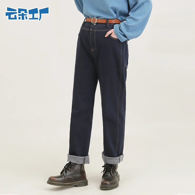 云朵工厂飞行员抓绒牛仔直筒长裤宽松休闲裤女士秋冬时尚百搭款