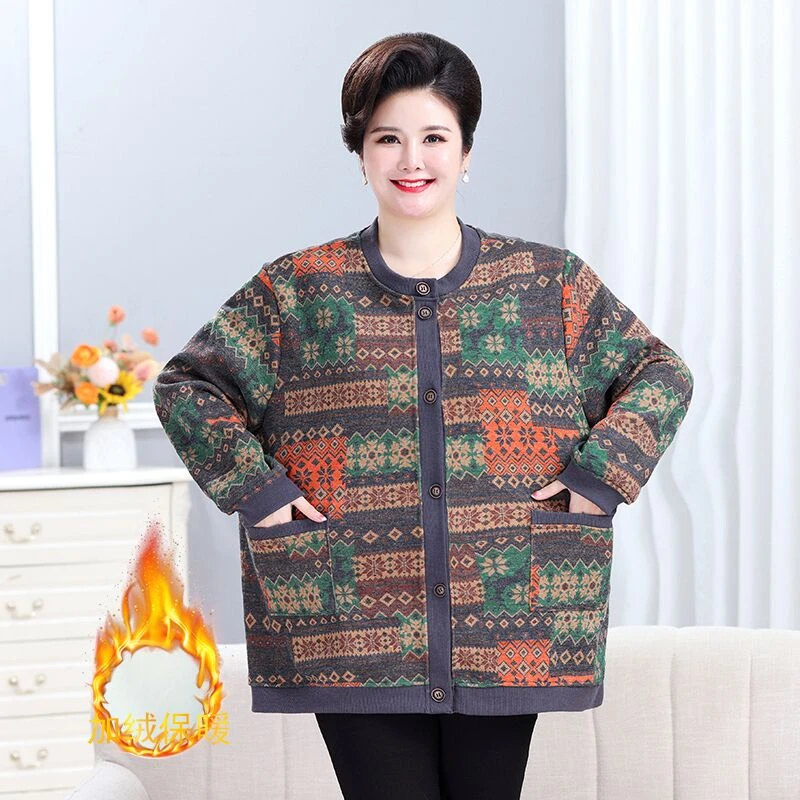 胖妈妈外套加肥加大码中老年人女奶奶特体加绒保暖秋冬装毛衣开衫