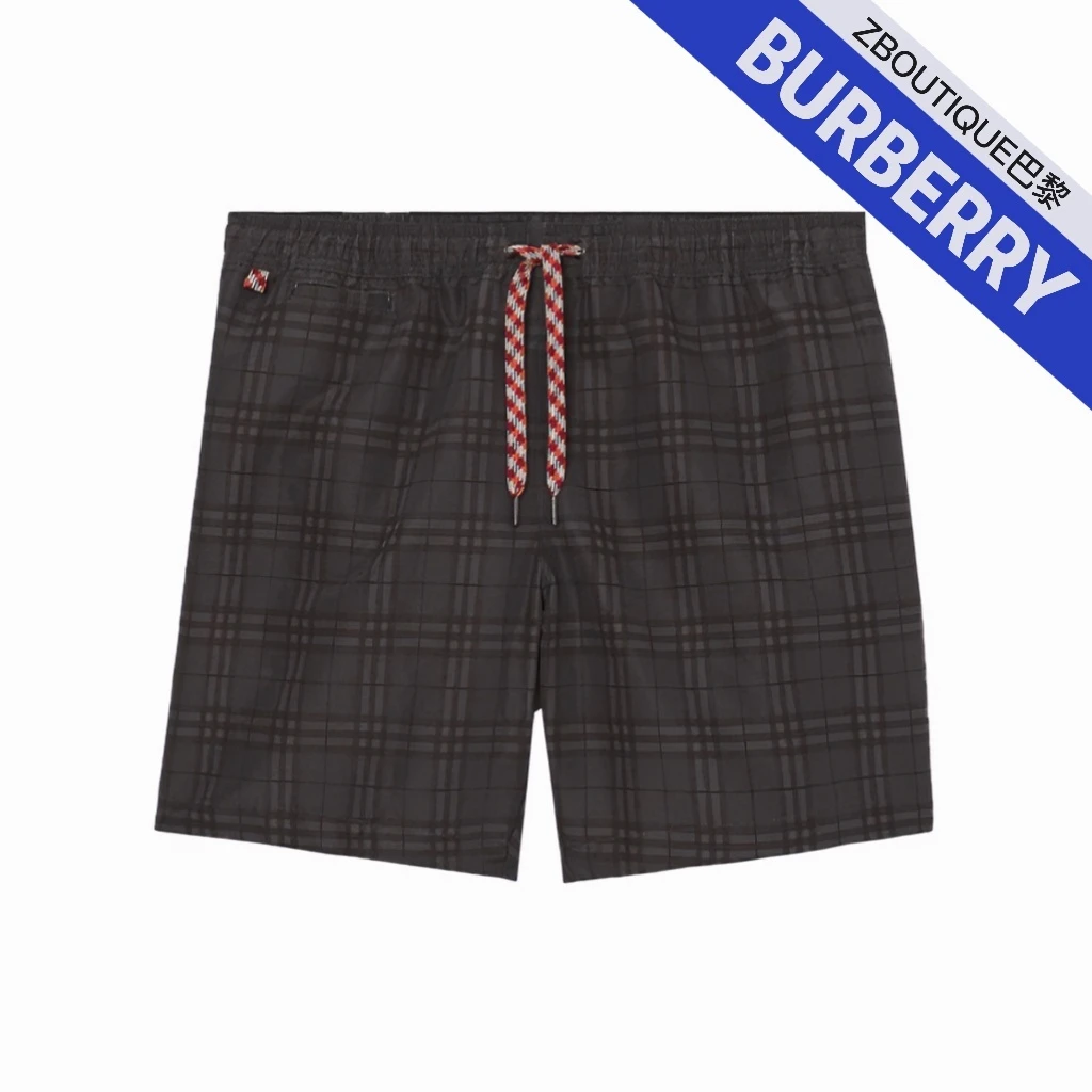 全新未使用 BURBERRY/博柏利 格纹印花抽绳 午夜灰 沙滩裤  男款