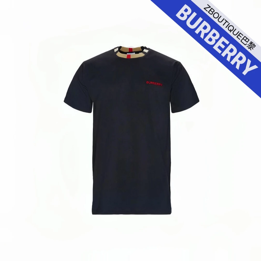全新未使用 BURBERRY/博柏利 刺绣LOGO格纹圆领T恤男女同款 黑色