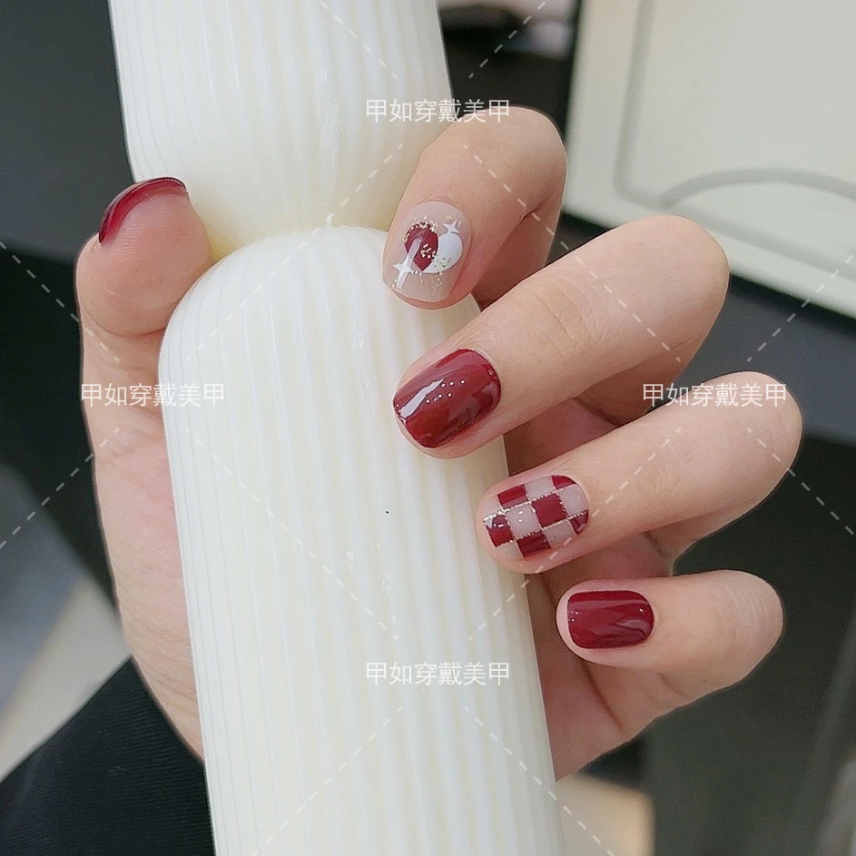 【短款】枣红色棋盘格 深色显白甜心穿戴美甲 假指甲美甲贴片24片