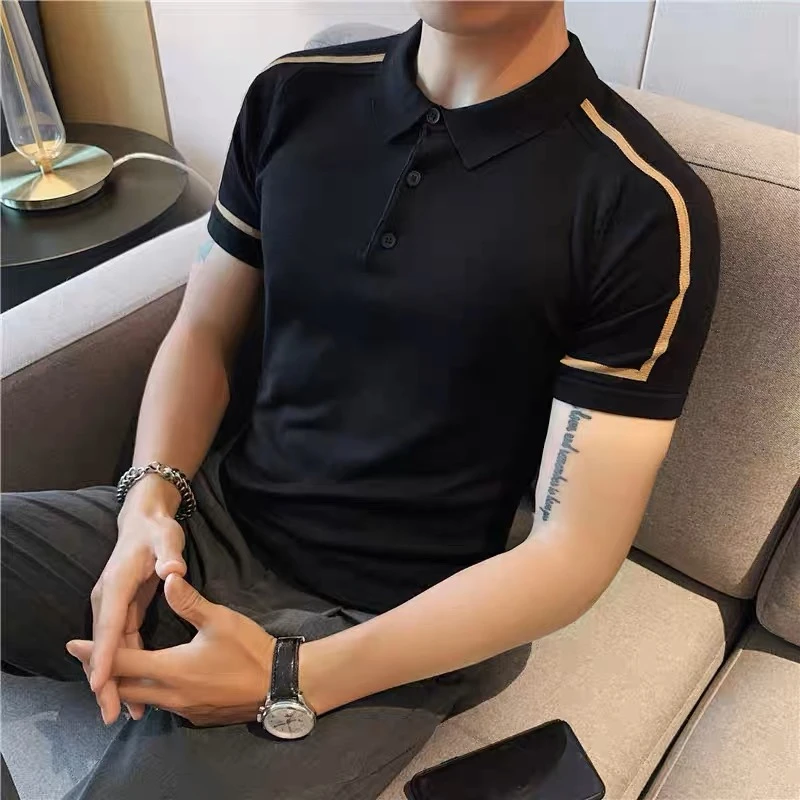 夏季冰丝薄款男士修身针织短袖Polo衫条纹拼色青年翻领T恤打底衫