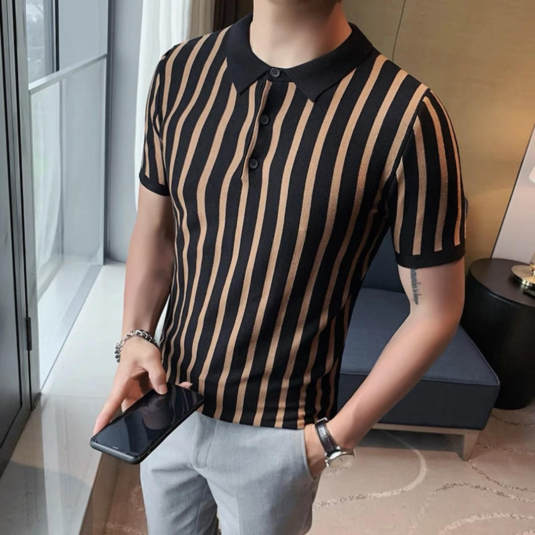 夏季针织条纹polo衫男薄款潮流修身高端冰丝t恤翻领半袖拼色体恤