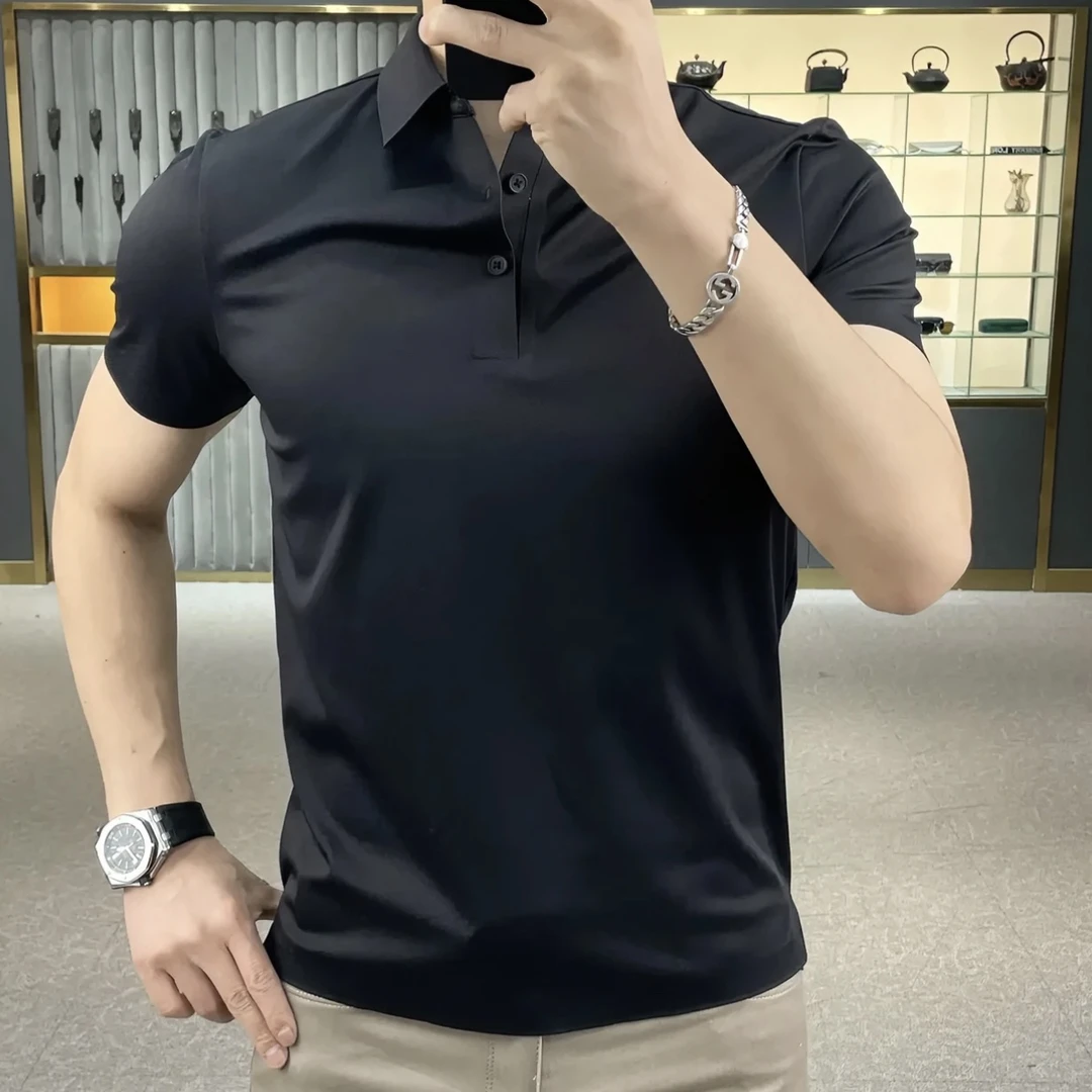 2025男士冰丝无痕POLO衫丝滑翻领纯色夏季短袖T恤商务修身免烫