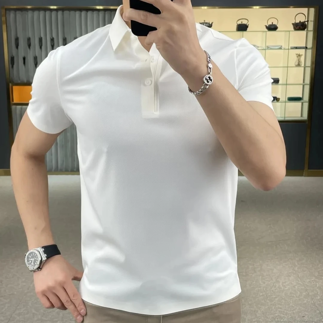 2025男士冰丝无痕POLO衫丝滑翻领纯色夏季短袖T恤商务修身免烫