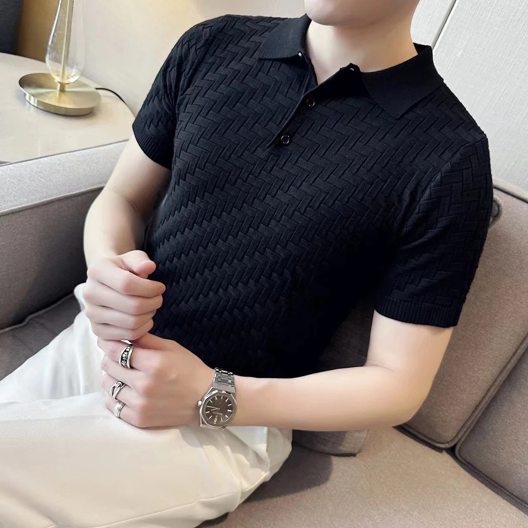 2023夏季个性格纹针织冰丝薄款polo衫男士短袖高端百搭翻领t恤