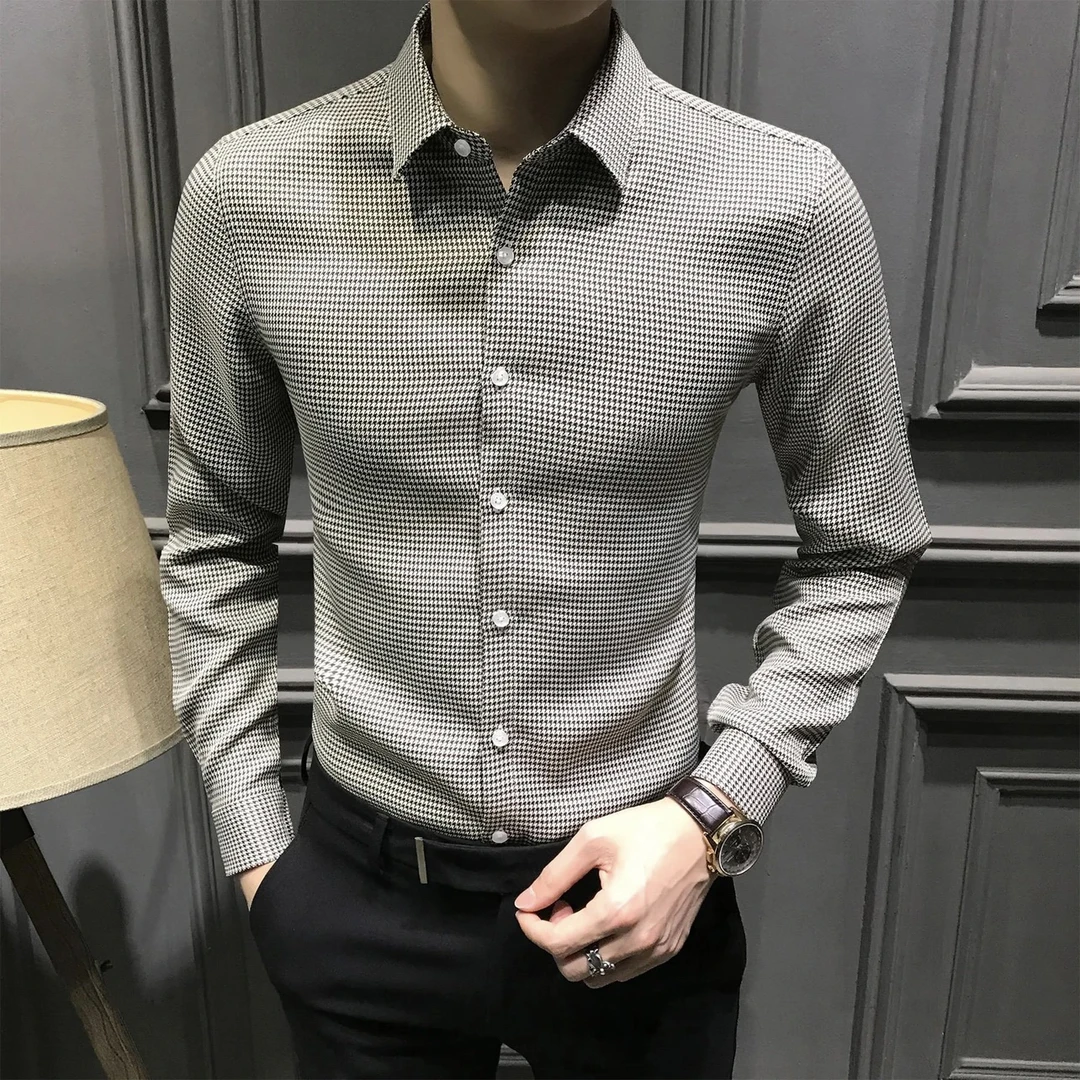 秋季爆款衬衫男长袖新款千鸟格免烫休闲格子衬衣男士修身男装寸