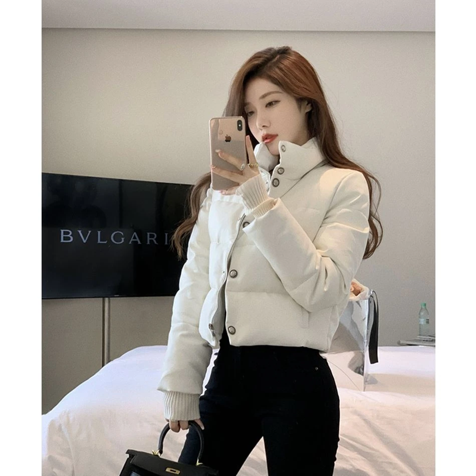 小个子韩版报恩皮面羽绒 保暖显瘦绒短款羽绒服女机车修身夹克外