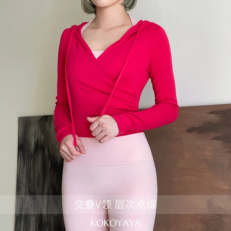 kokoyaya 普拉提连帽瑜伽长袖上衣交叠V领抽绳卫衣春秋运动外套