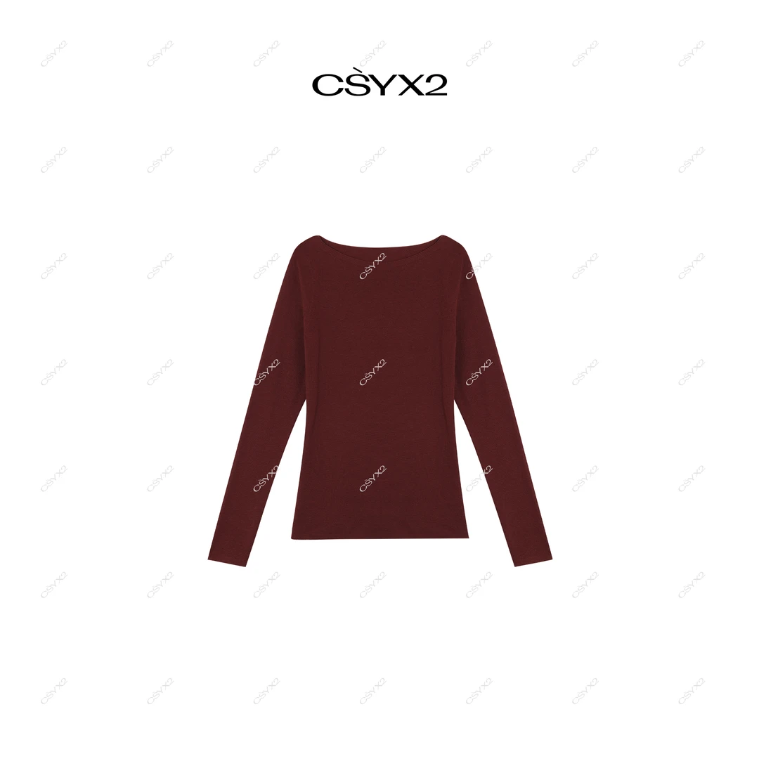 CsyX2-2024秋冬美利诺羊毛深一字领百搭基础纯色松弛感T恤SC-0410