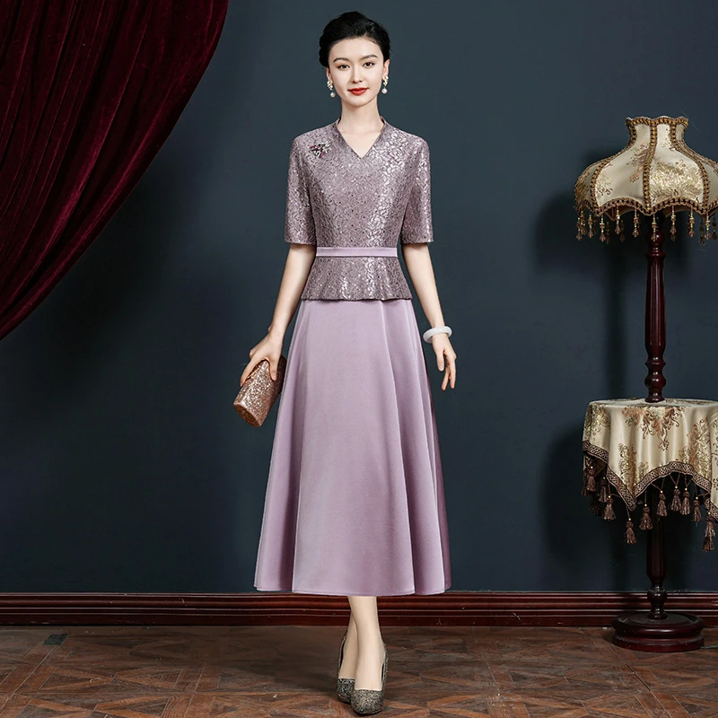 9332新中式蕾丝旗袍高端气质妈妈婚宴礼服假两件春夏装平时可穿