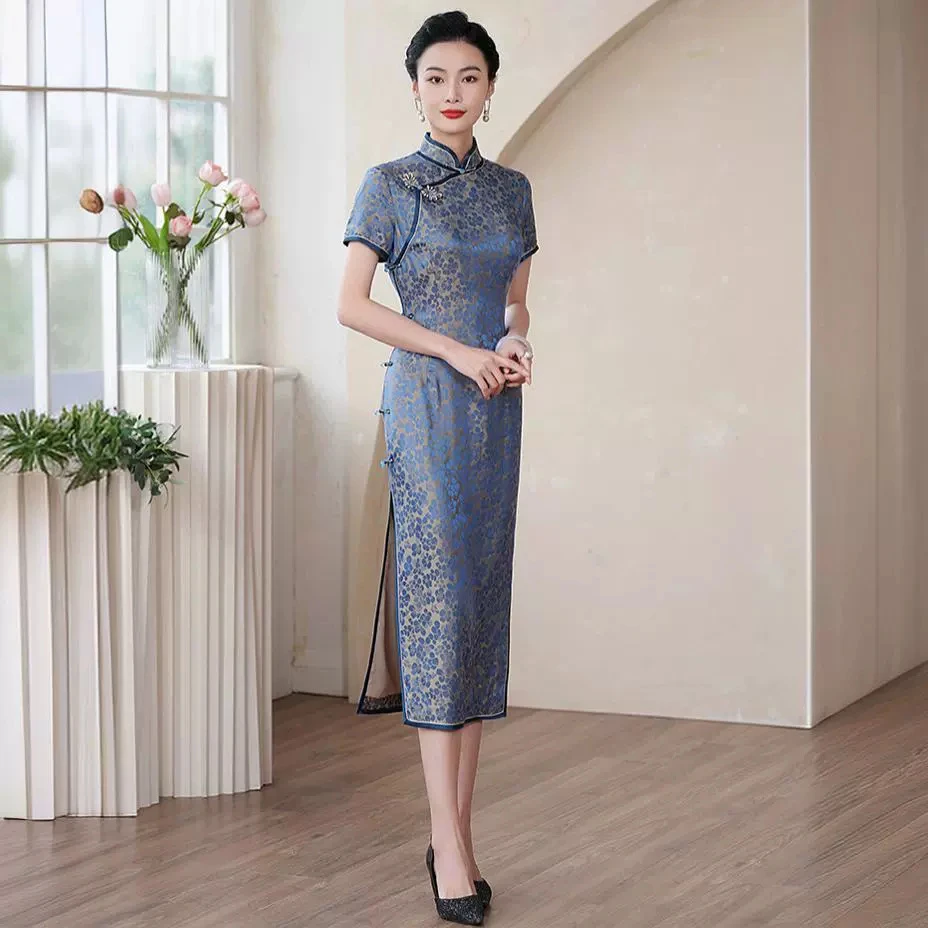 C90新中式真丝旗袍夏女2024新款短袖复古改良桑蚕丝连衣裙年轻款