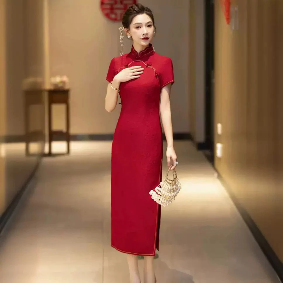 C35红色真丝旗袍2024新款夏桑蚕丝中式敬酒服旗袍新娘订婚礼服女