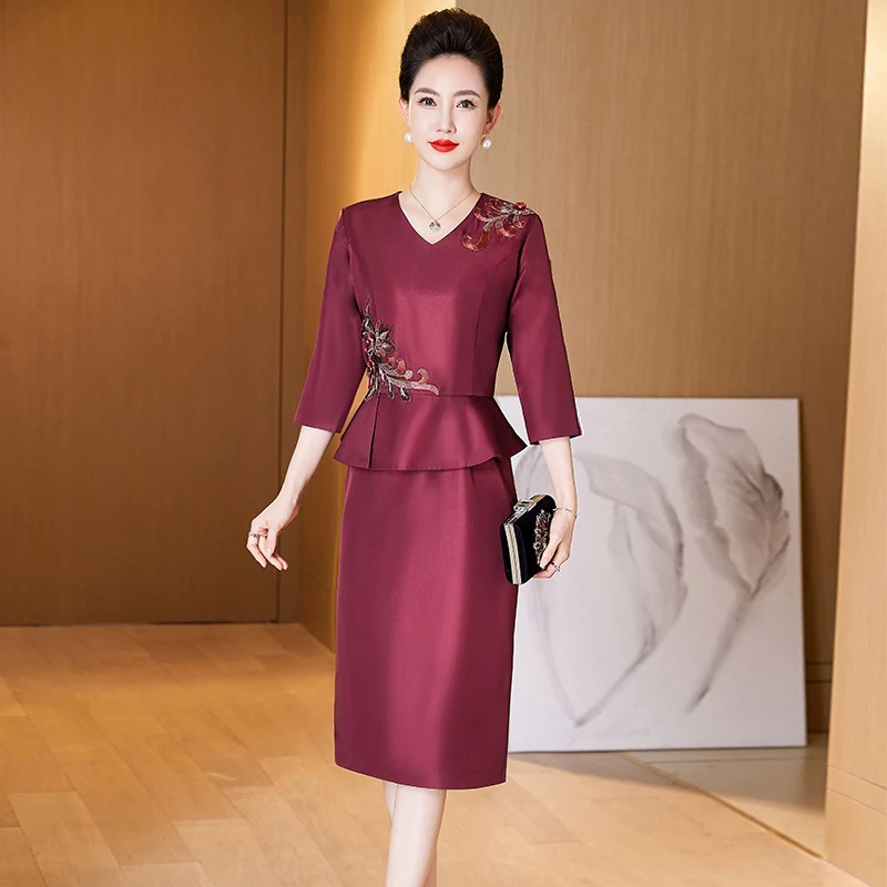 J37喜婆婆装婚宴假两件改良版旗袍高贵婚礼优雅丈母娘礼服流光风
