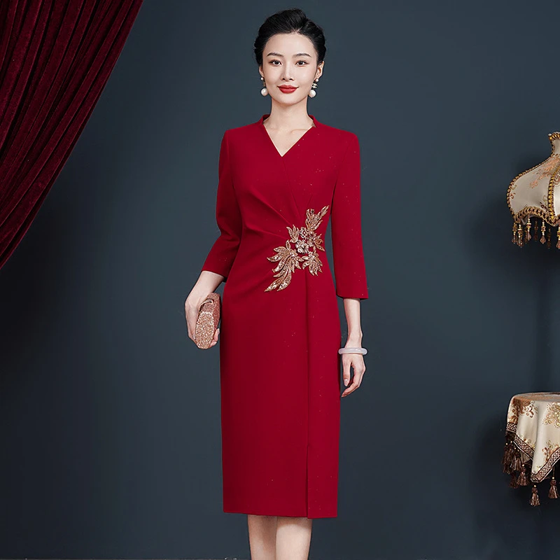 977秋季2025喜婆婆婚宴礼服婚礼妈妈高贵丈母娘旗袍连衣裙中长款