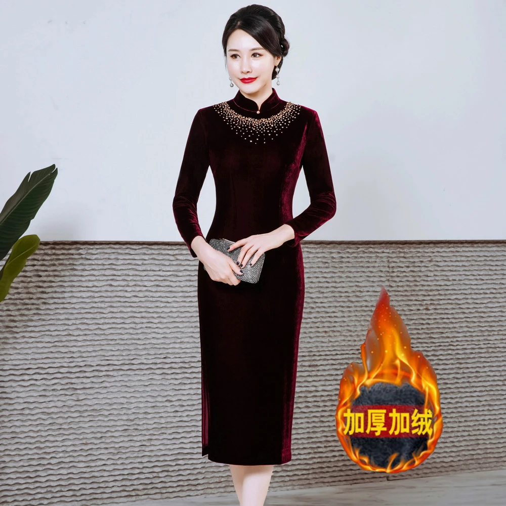 689秋冬新款改良中式丝绒旗袍中长款喜婆婆高档婚礼敬酒服连衣裙