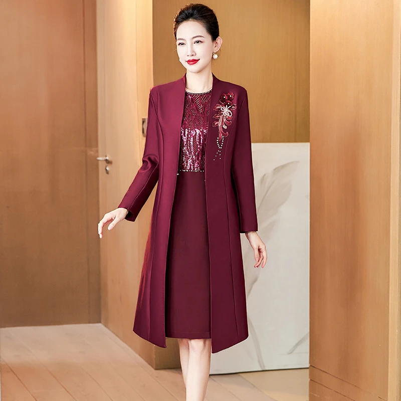 J04新款外套大衣丈母娘喜婆婆修身套装婚宴礼服连衣裙妈妈装裙